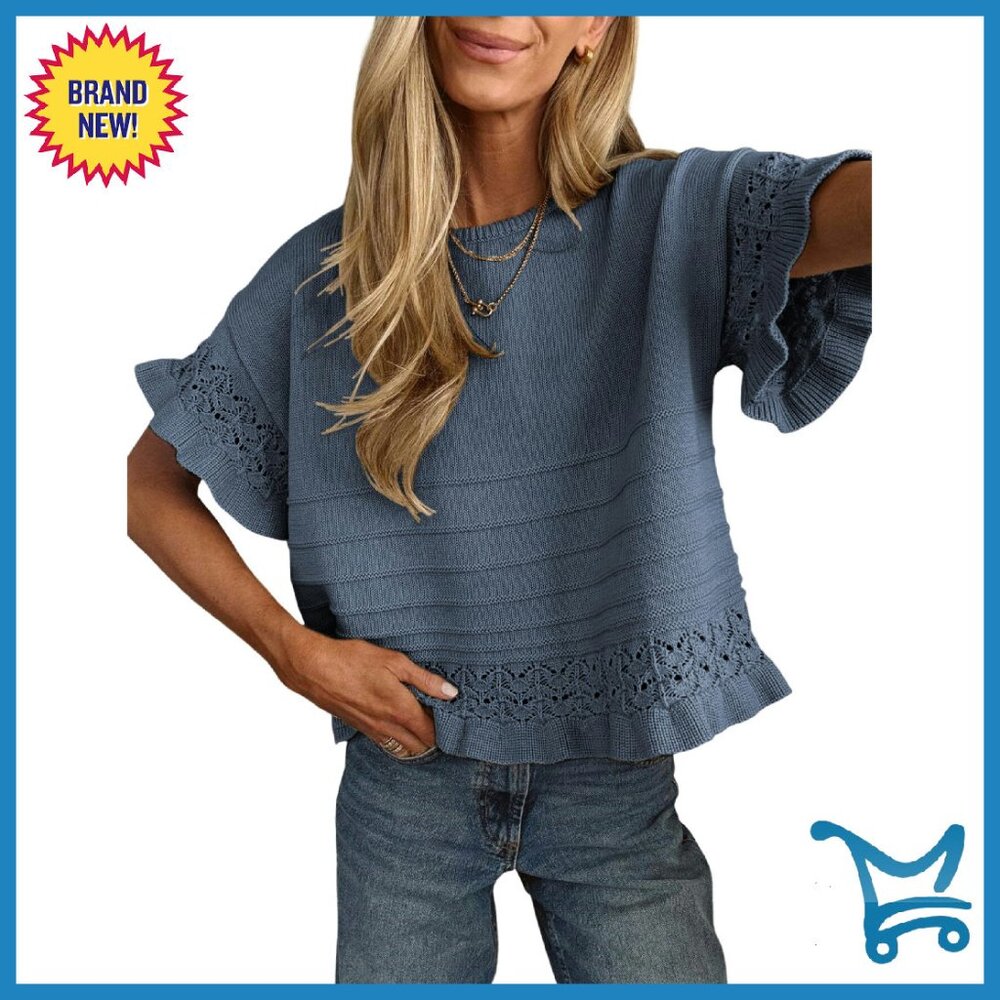 Short Sleeve Cotton Blend Sweater With Ruffled Hem Pullover Top